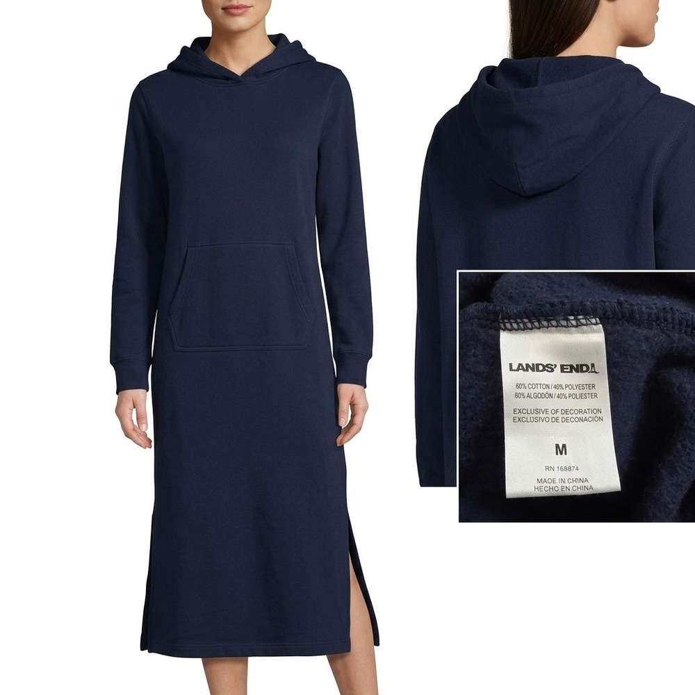 Lands' End Hoodie Dress Womens M Navy Blue Casual Fleece Athleisure Pocket Cozy